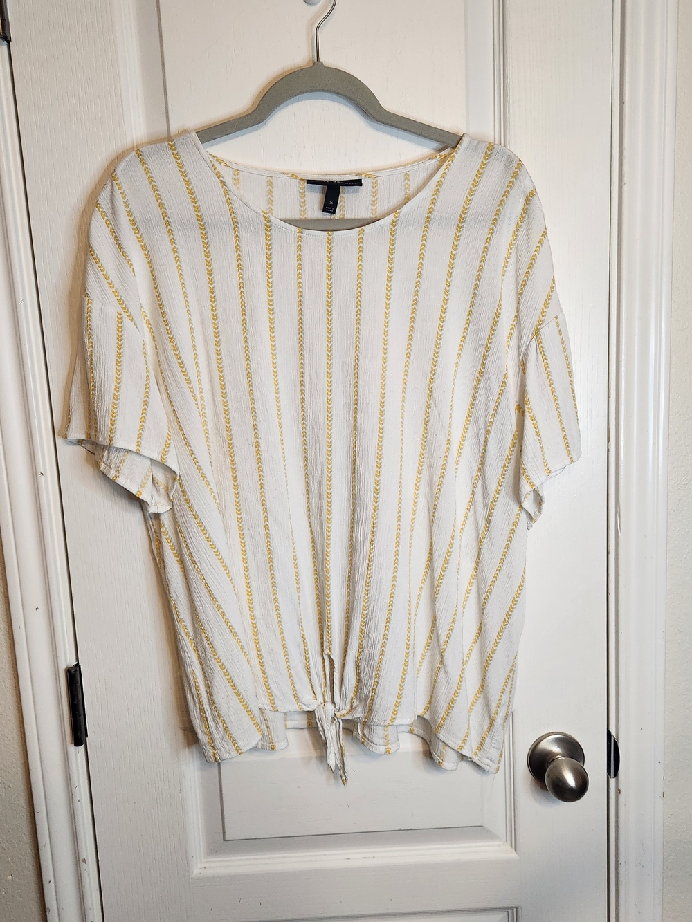 Lane Bryant White Top with Yellow Stripe Tie-Front